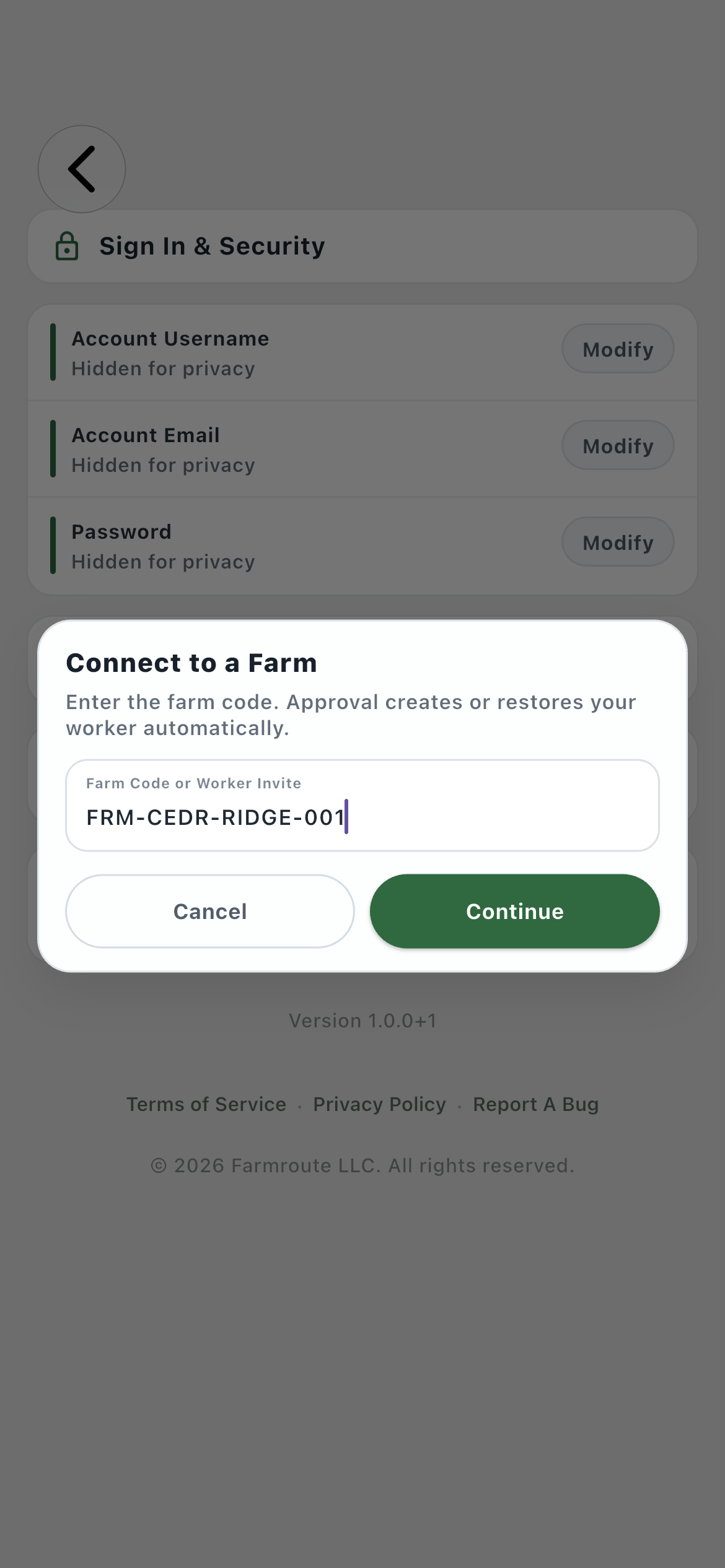 Employee entering the Cedar Ridge Farms Farm Code
