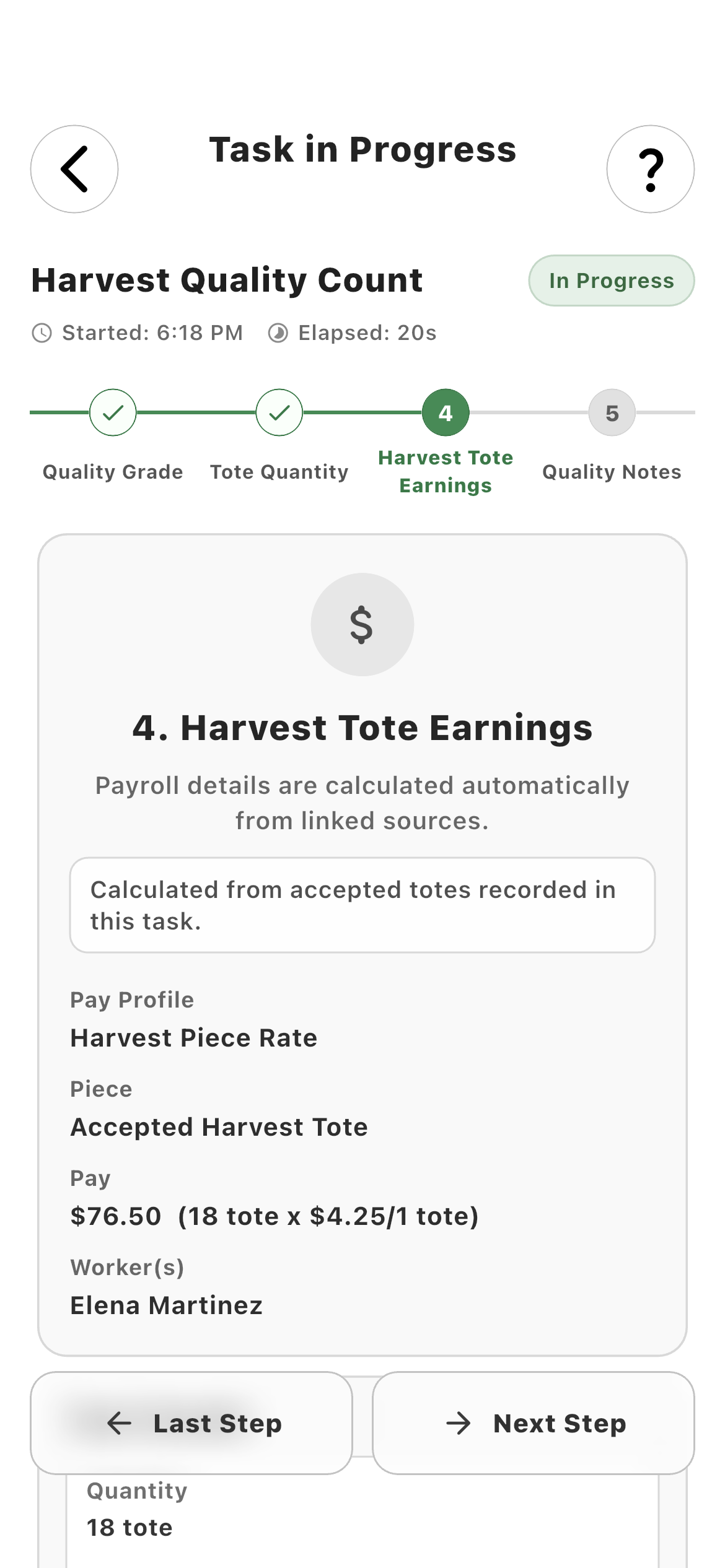 Employee Harvest Tote Earnings task step showing pay profile, piece, rate equation, and worker
