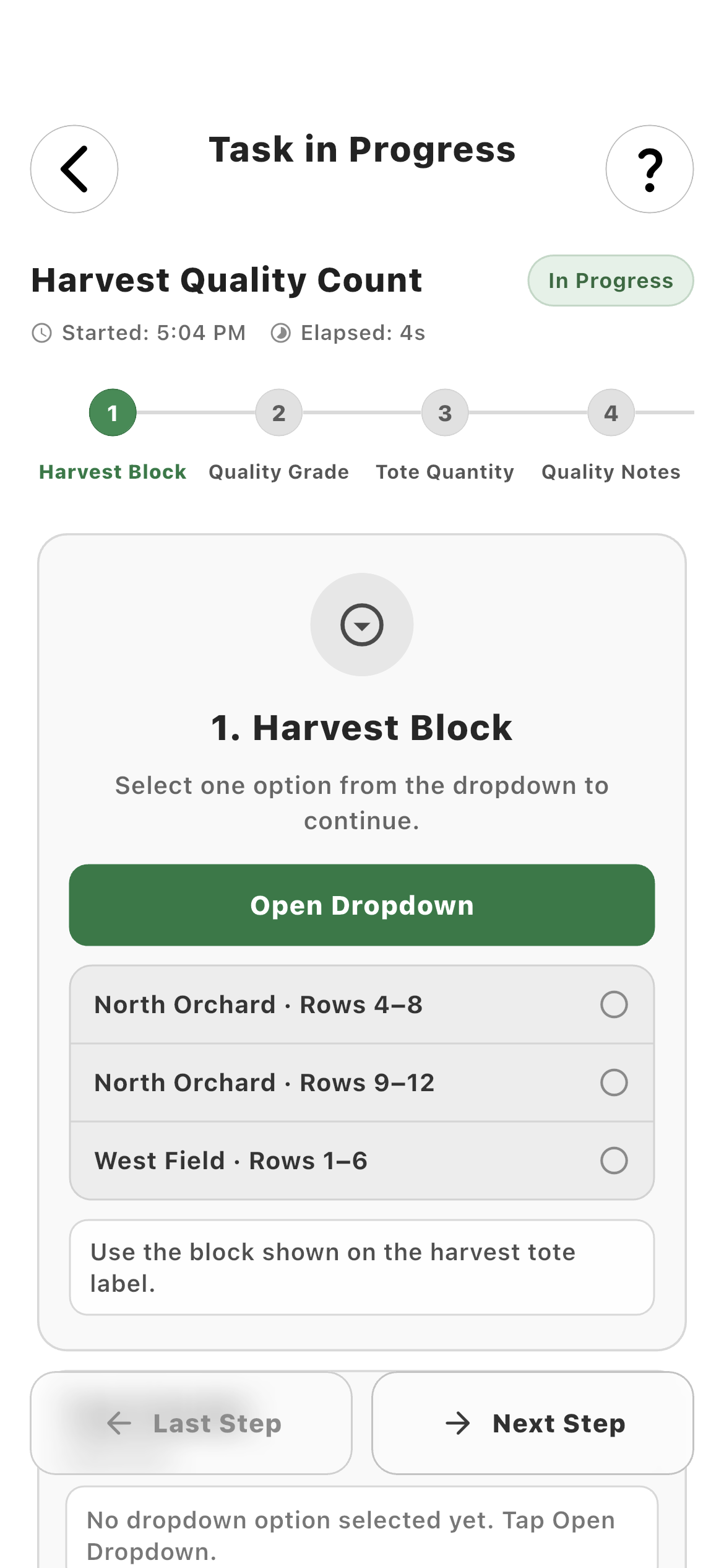 Employee choosing a specific orchard block in a Farmroute task