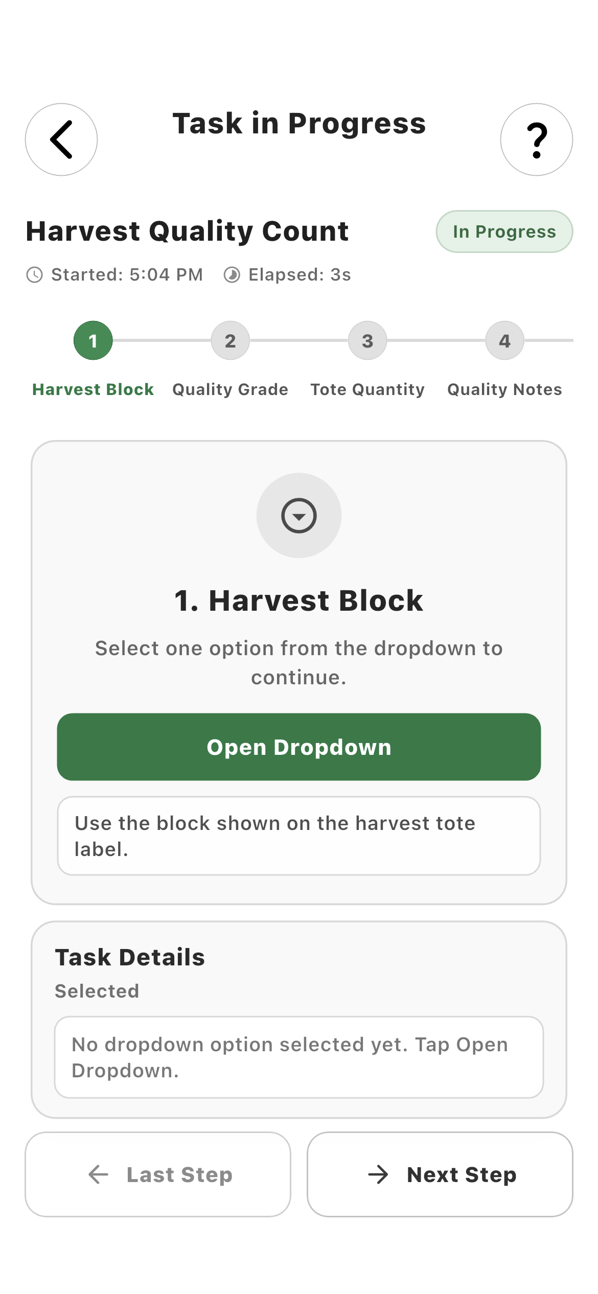 Employee completing the Harvest Block step of a customized farm task