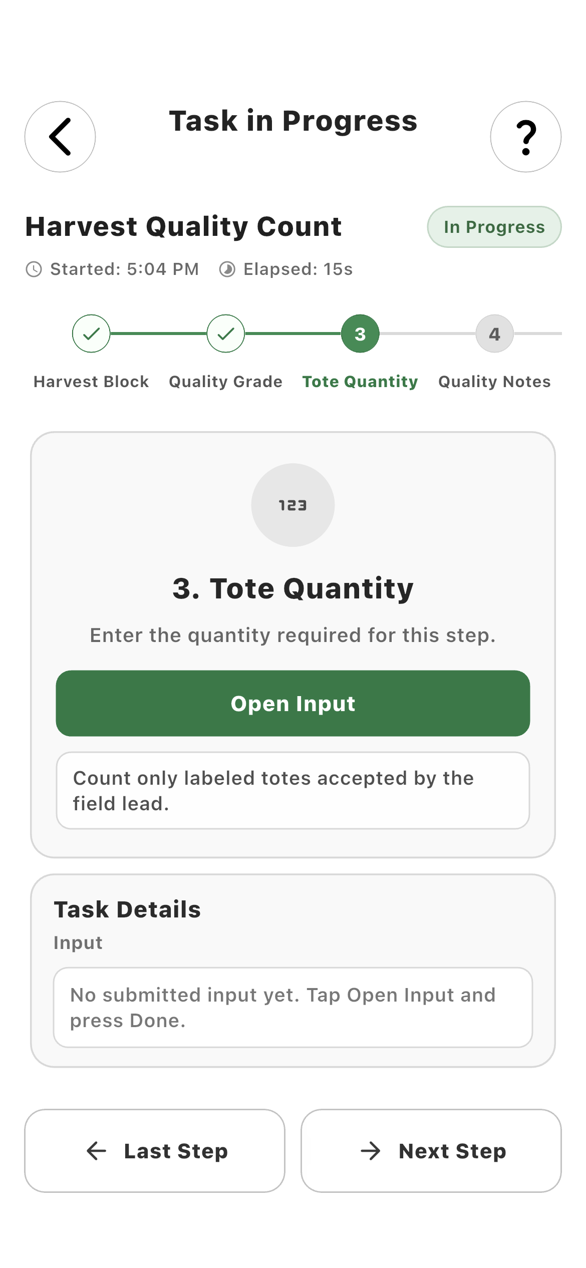 Employee entering tote quantity in the Harvest Quality Count workflow