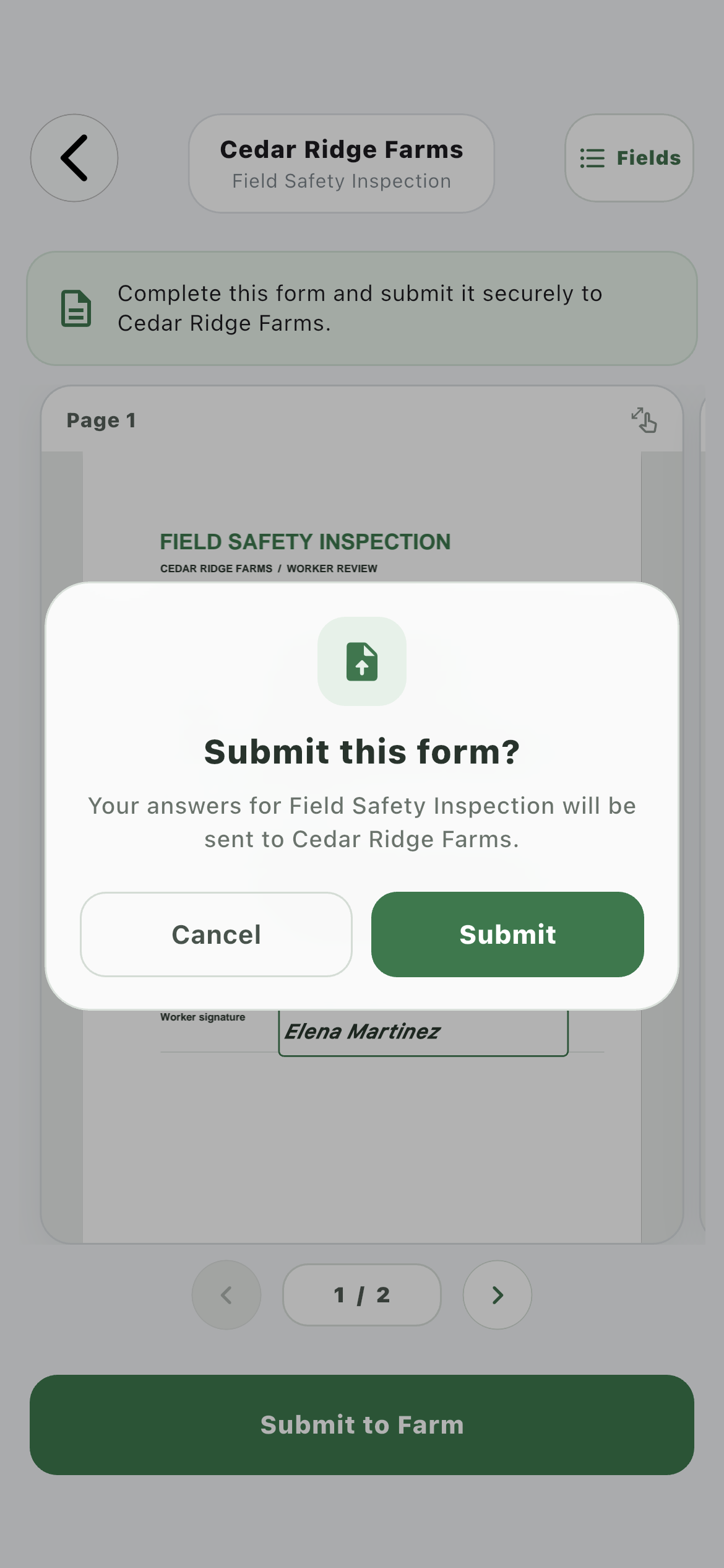 Farmroute confirmation before a worker submits a completed Field Safety Inspection to Cedar Ridge Farms