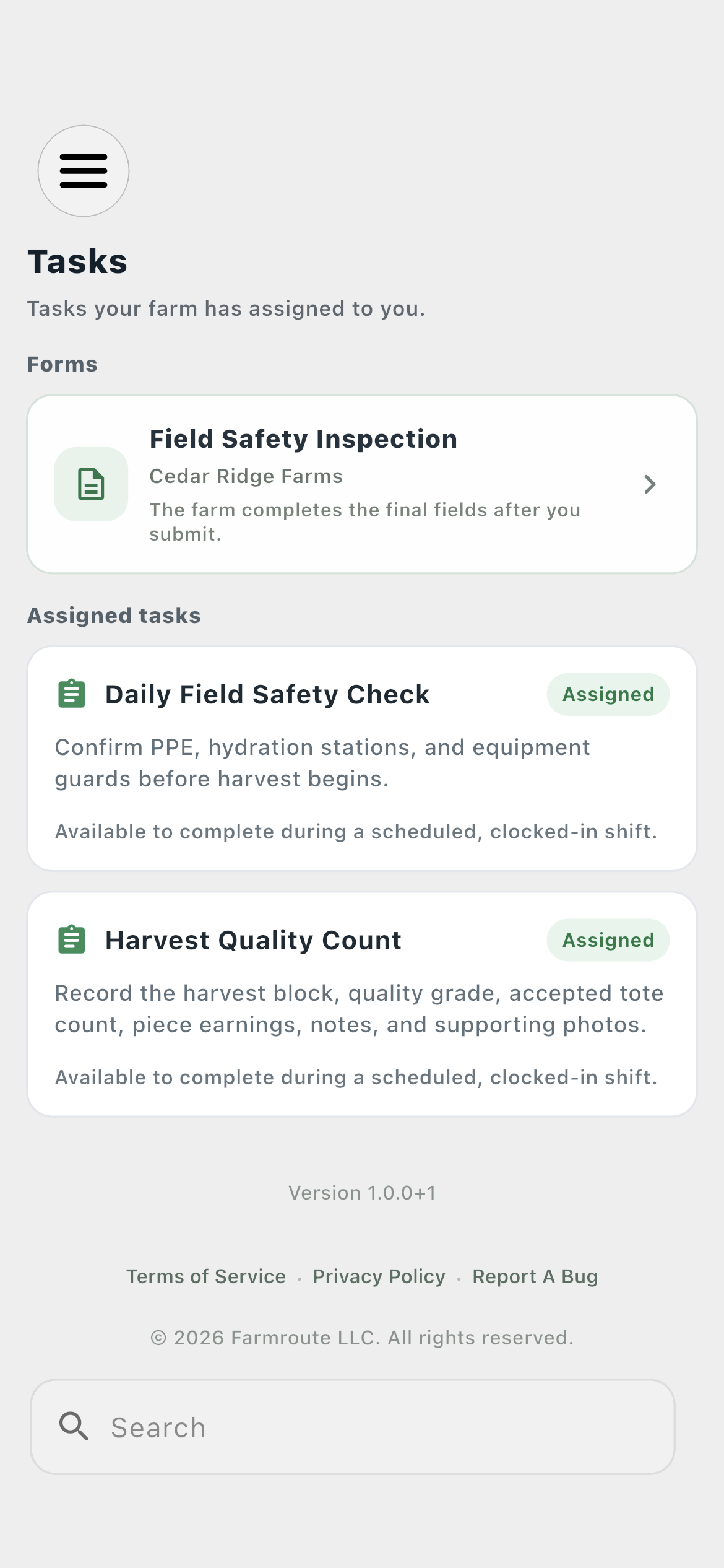 Employee Tasks page with a Field Safety Inspection form from Cedar Ridge Farms
