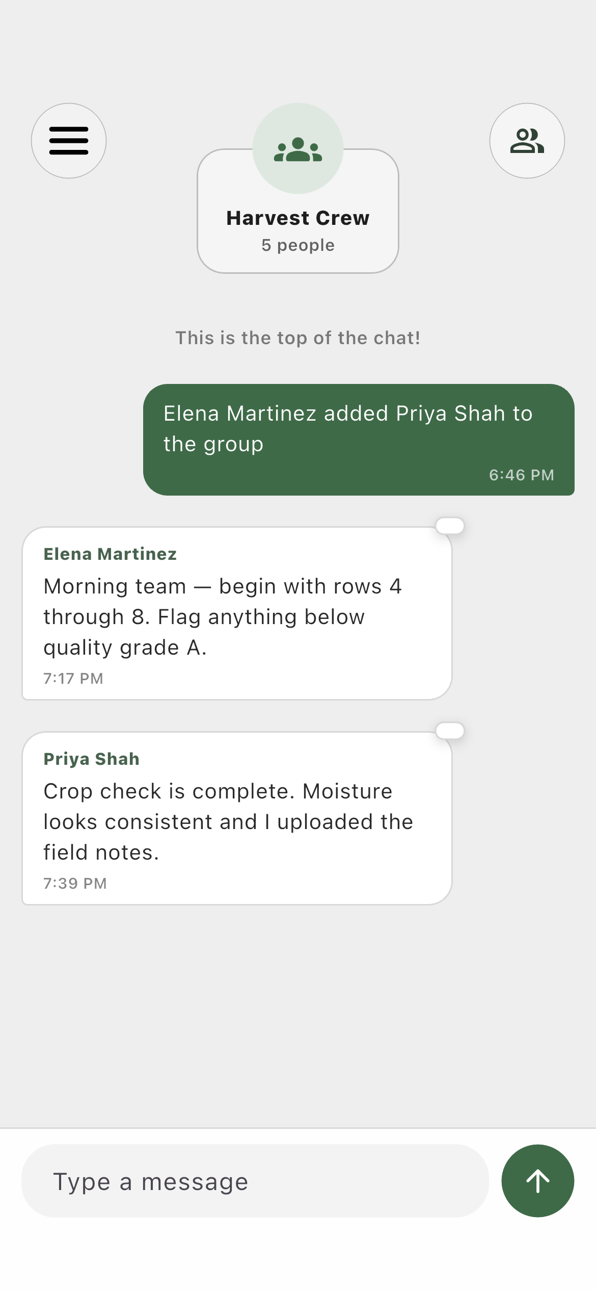 Farm profile viewing the Harvest Crew group conversation