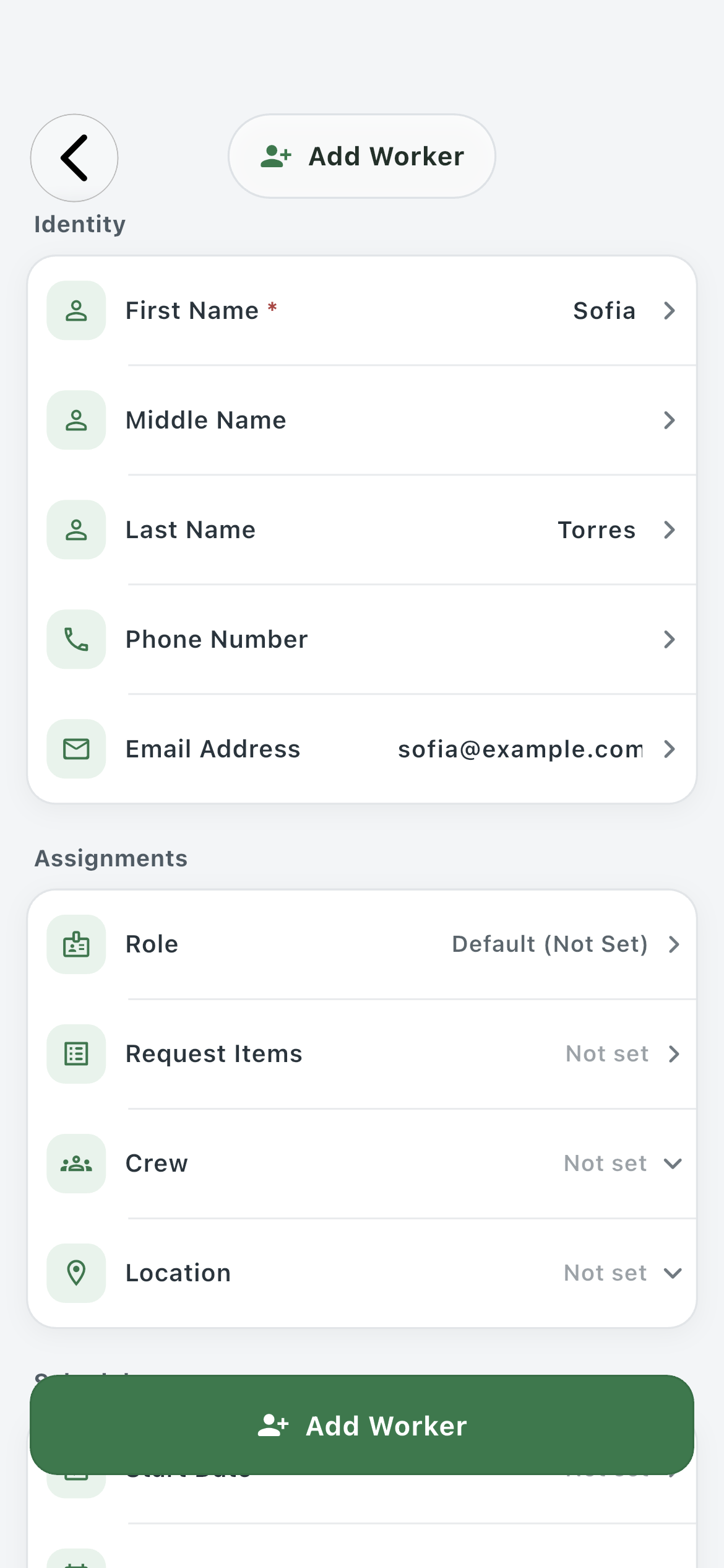 Farm profile adding Sofia Torres with an email address