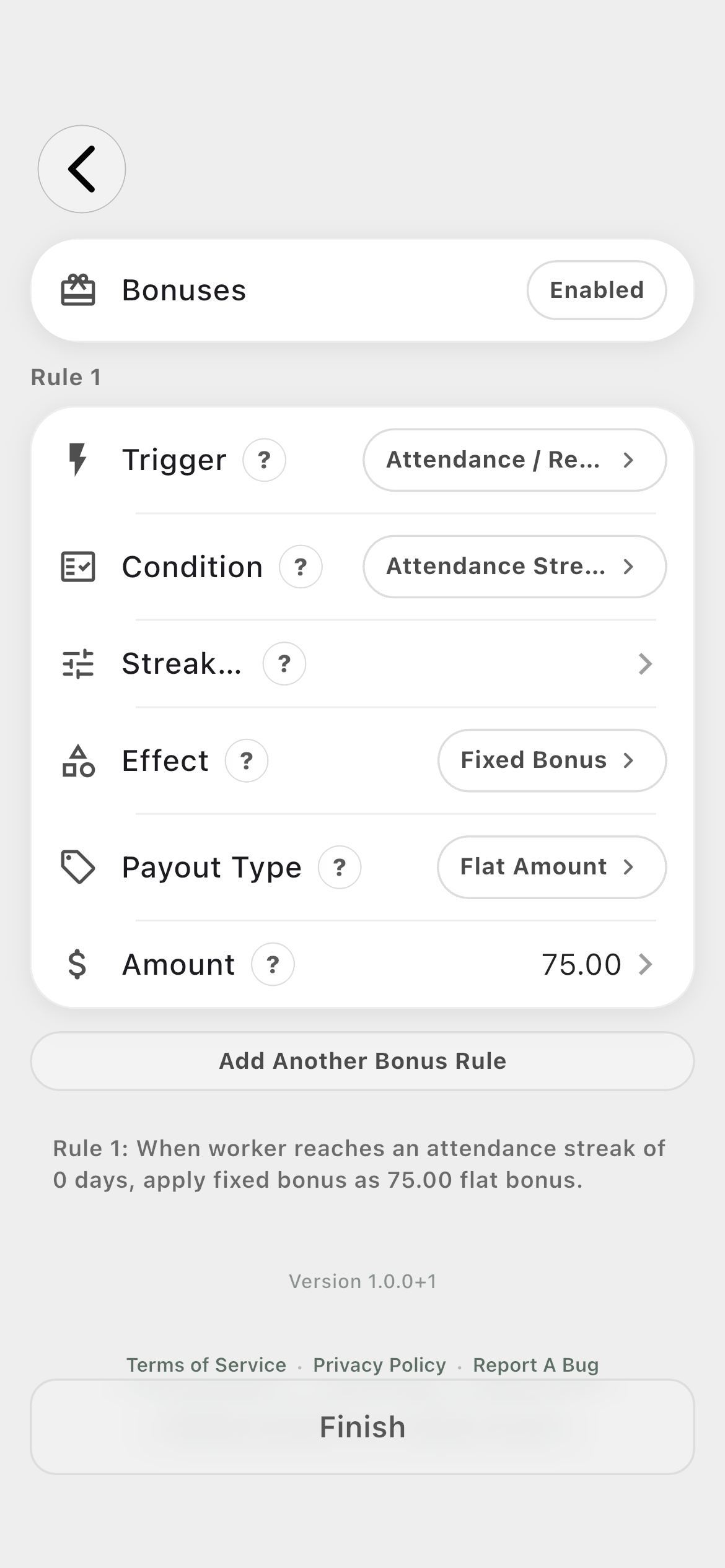 Farmroute attendance bonus for full weekly attendance