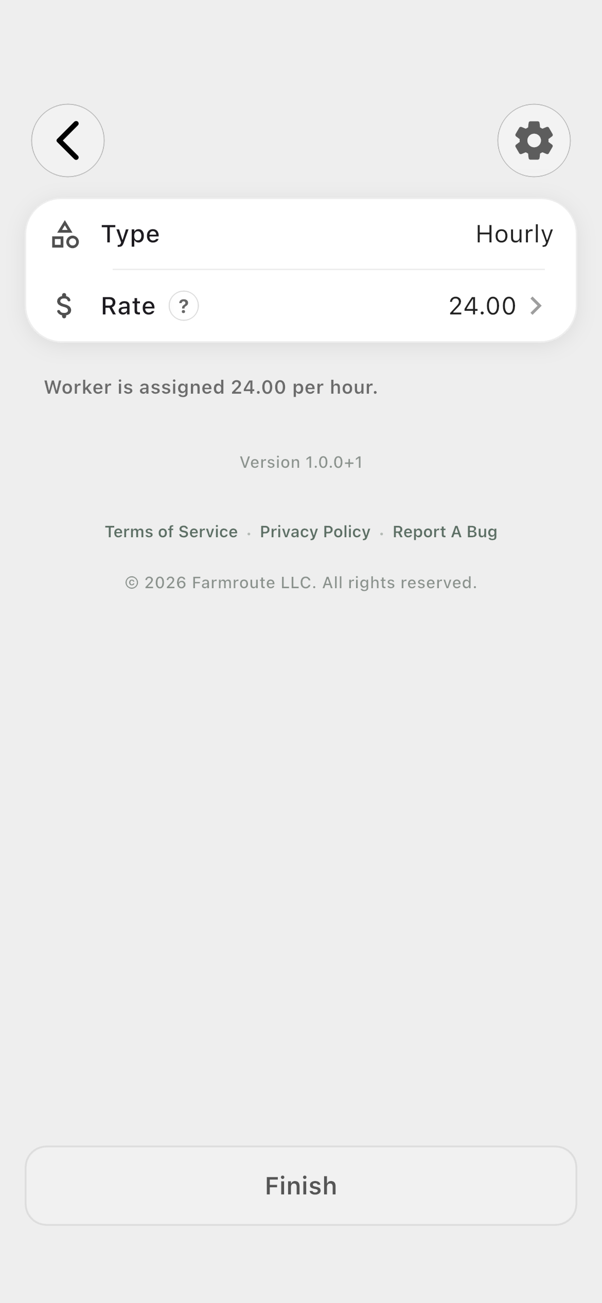 Farmroute hourly rate editor showing a 24 dollar hourly rate