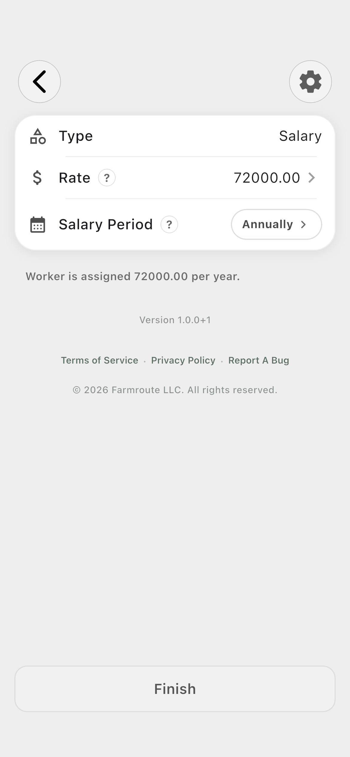 Farmroute salary editor showing an annual supervisor salary