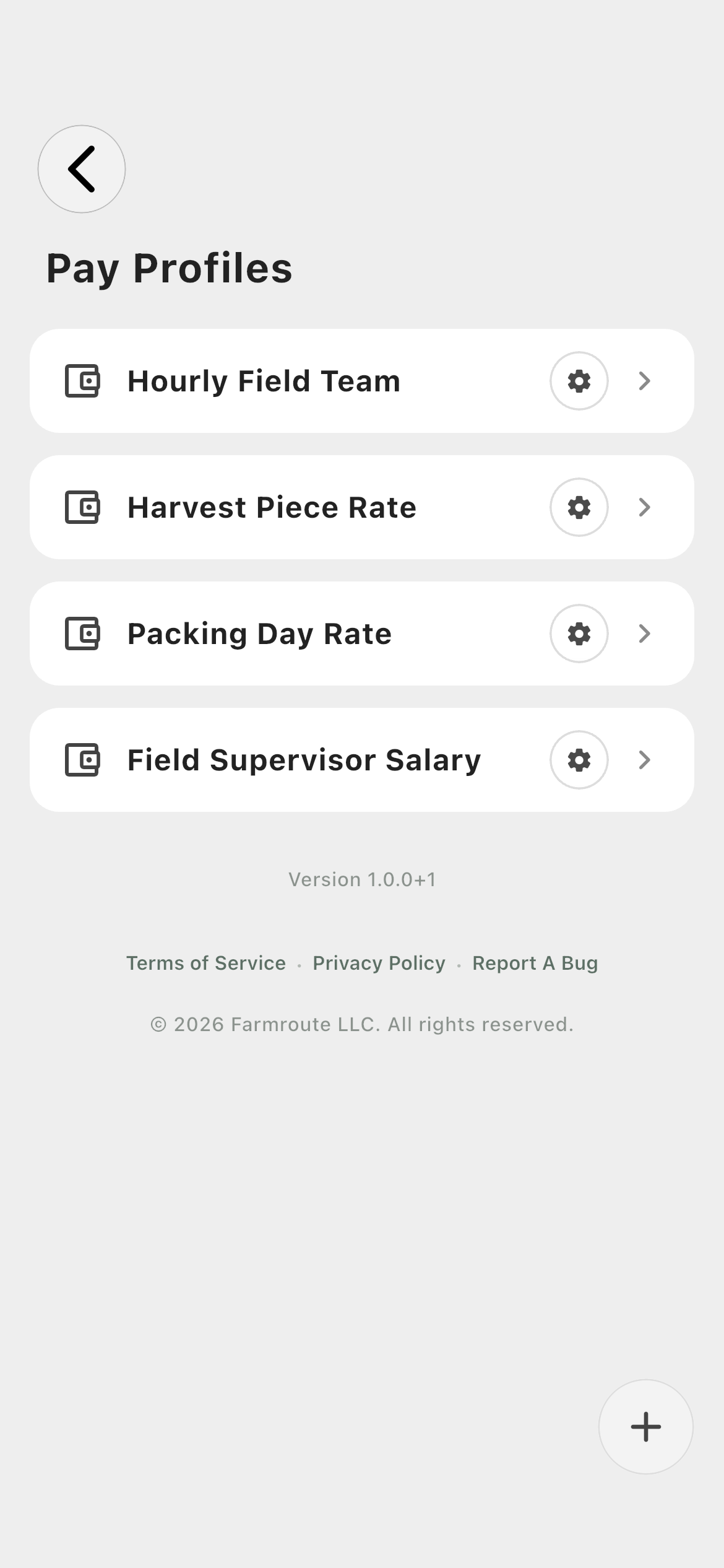 Farmroute Pay Profiles library with hourly, harvest piece-rate, packing day-rate, and supervisor salary profiles