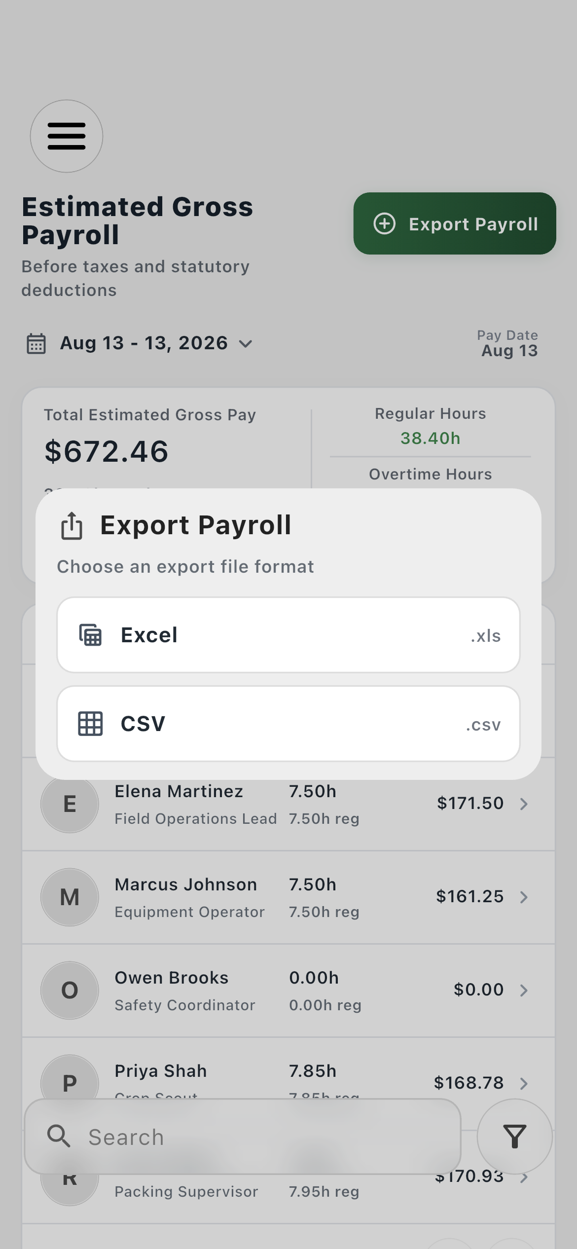 Farmroute payroll export dialog offering Excel and CSV