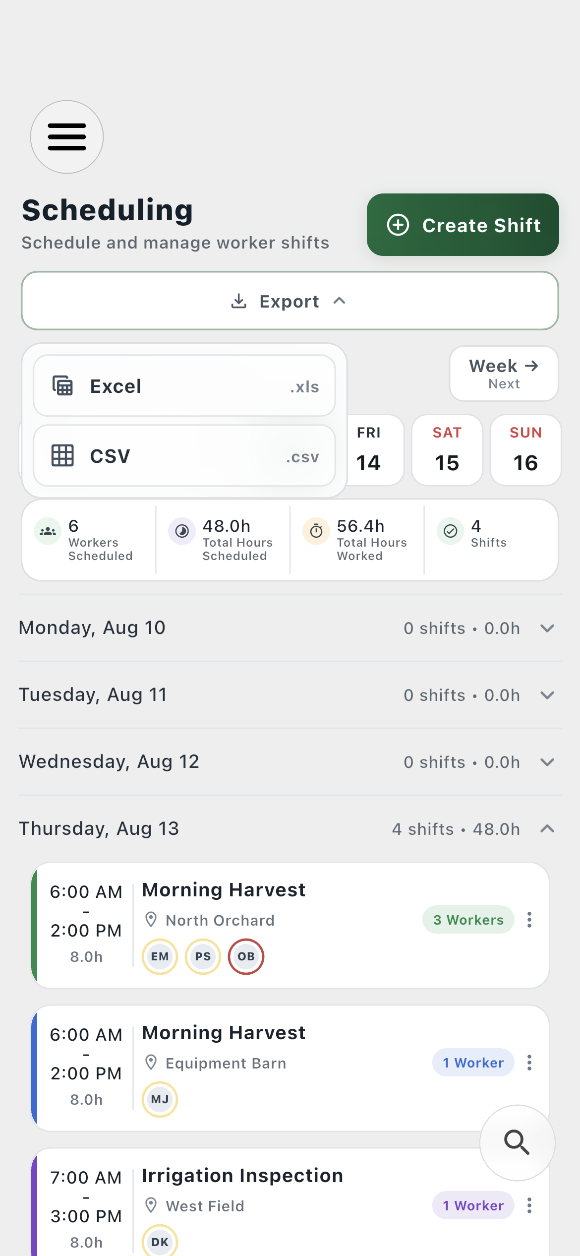 Farmroute schedule export control offering Excel and CSV