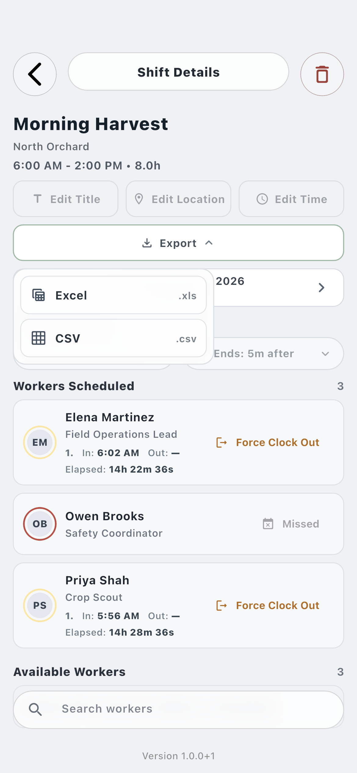 Farmroute shift export menu offering Excel and CSV