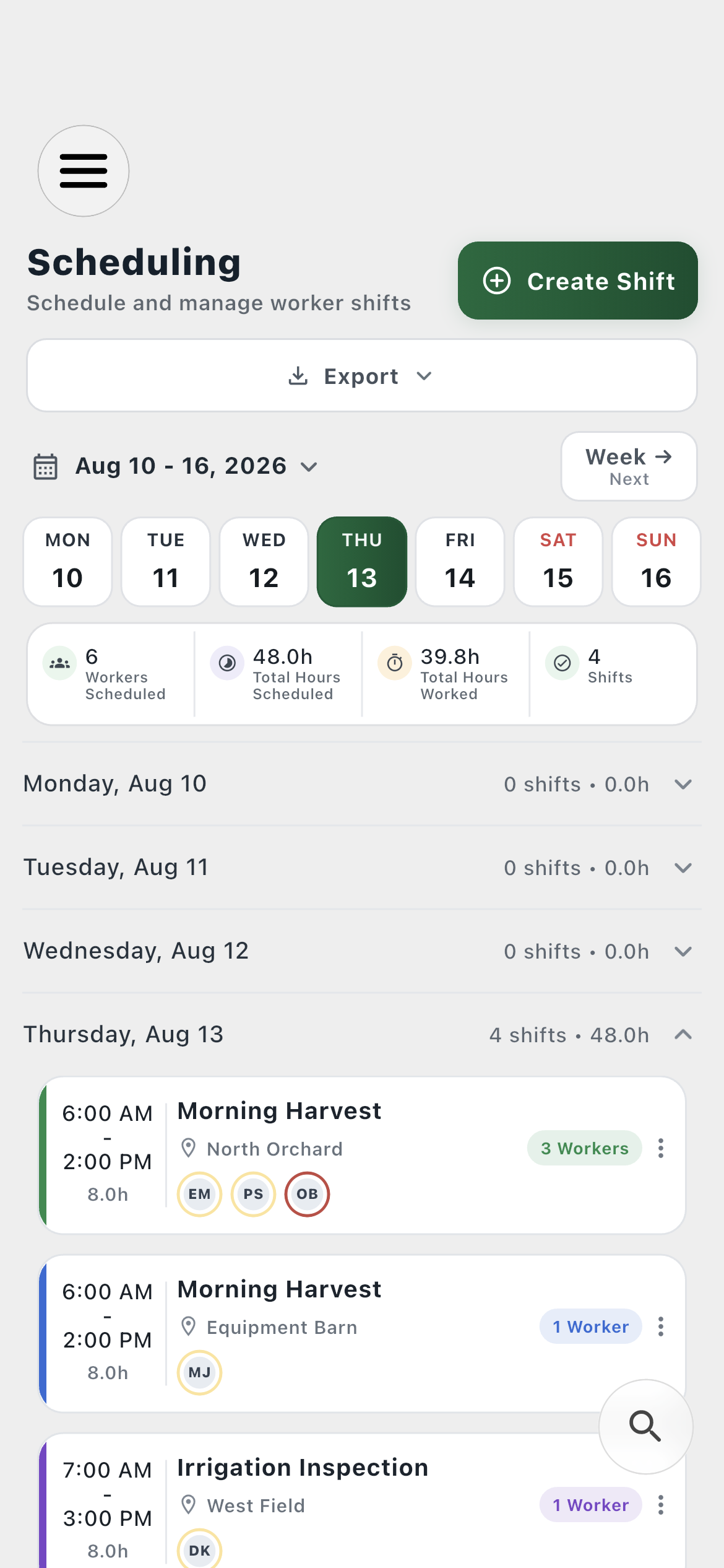 Farm employee scheduling software showing the Cedar Ridge Farms weekly shift schedule