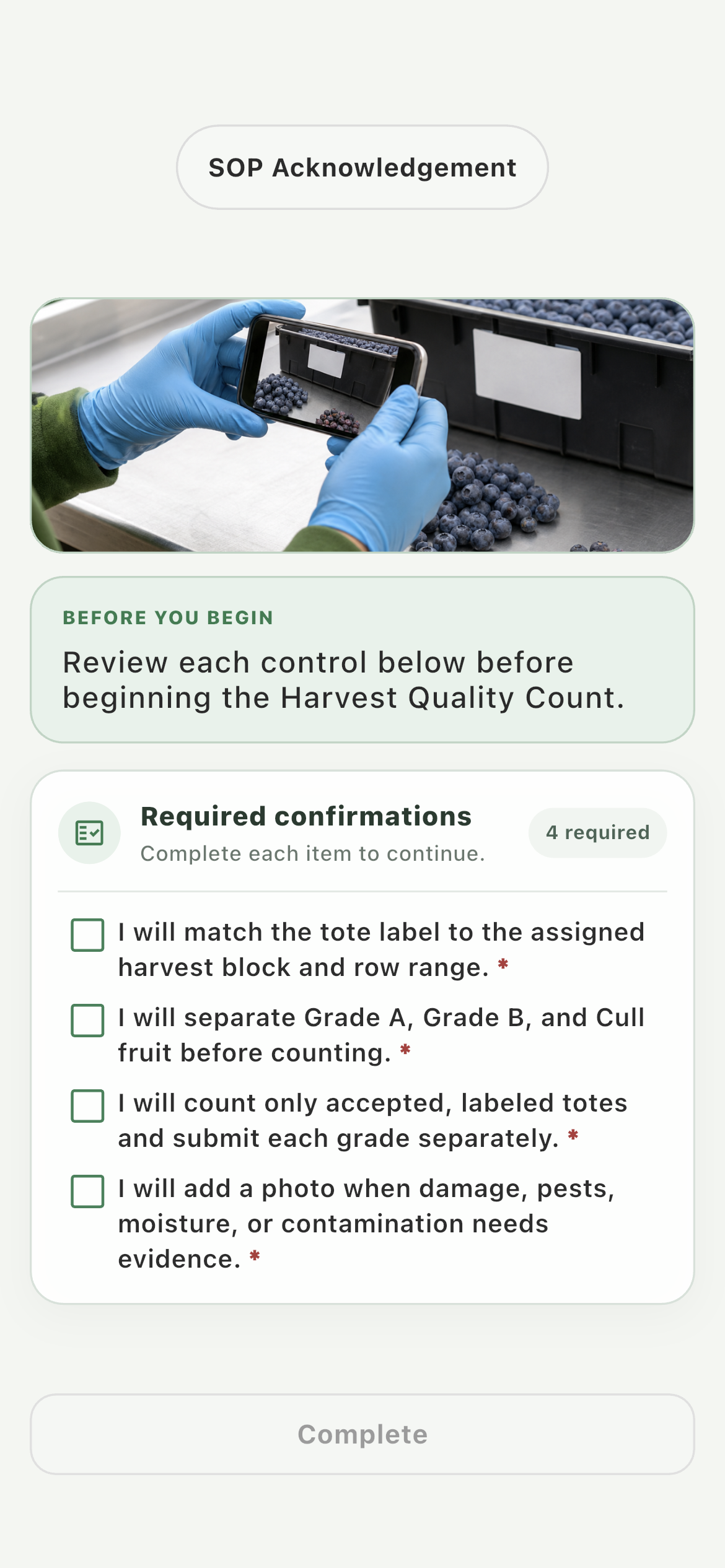 Farmroute SOP acknowledgement preview with required harvest quality confirmations