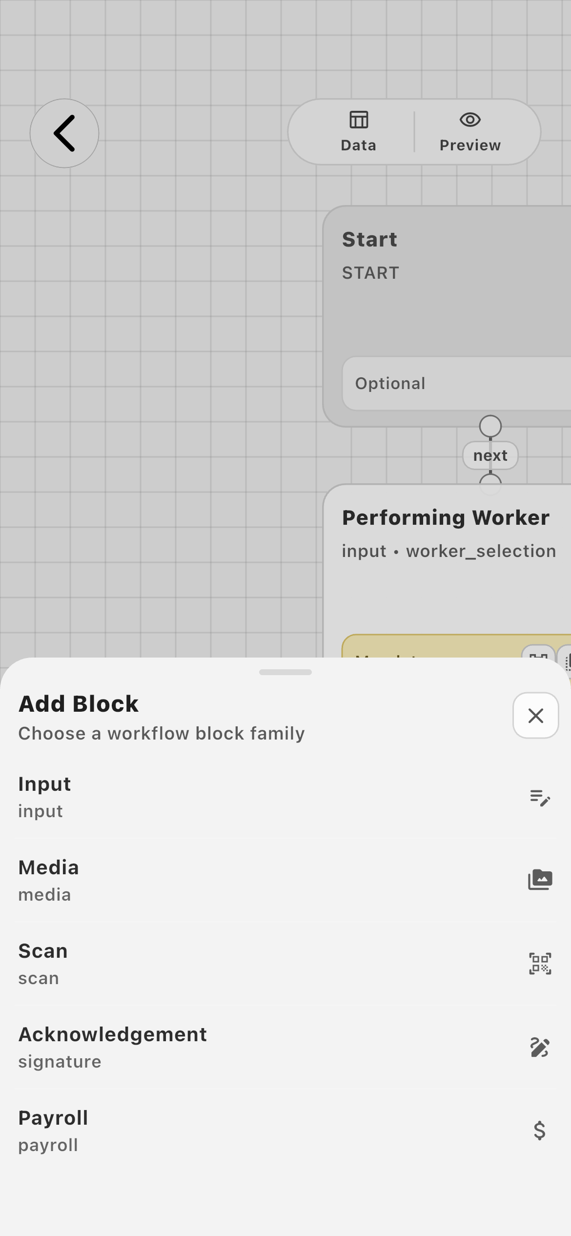 Farmroute Add Block menu for task input media scan acknowledgement and payroll actions