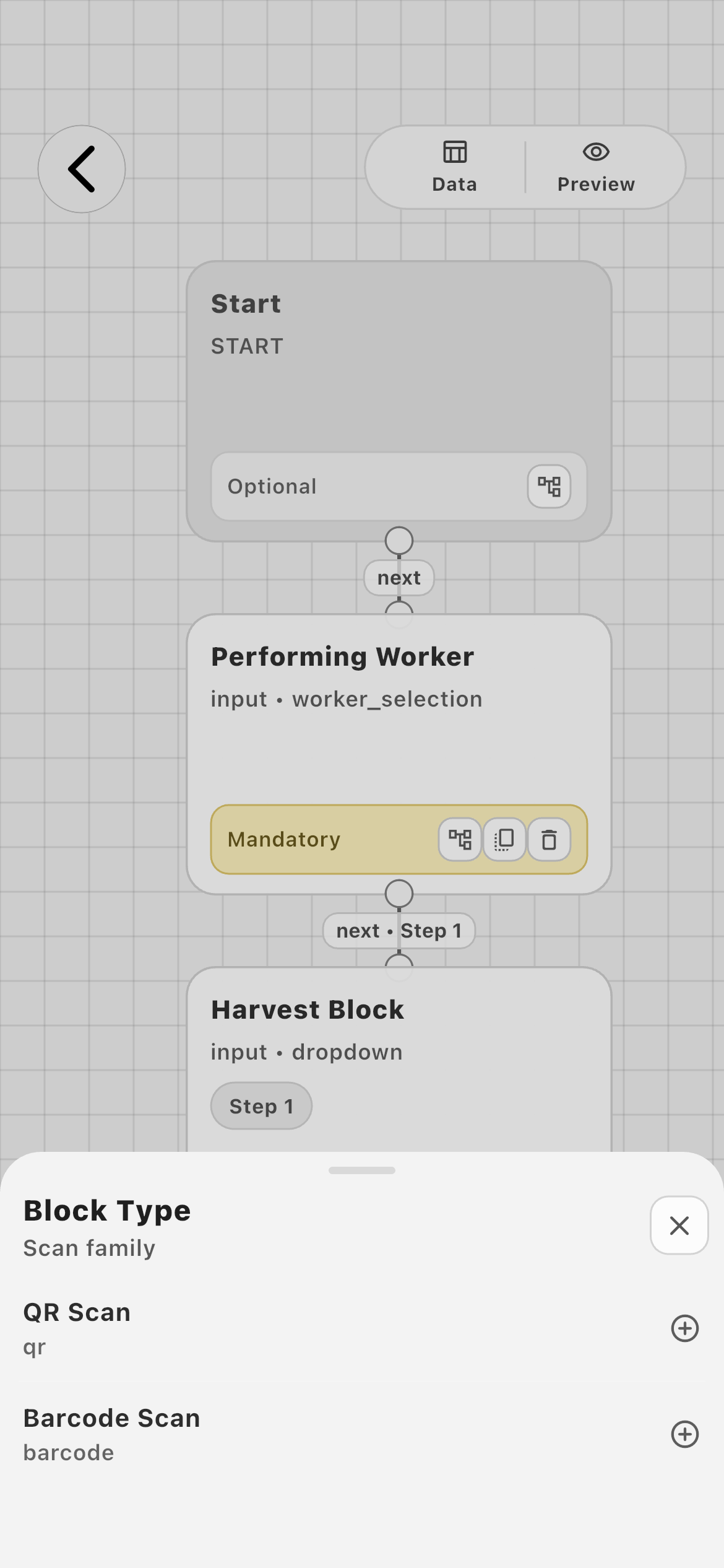 Farmroute Scan block types with QR Scan and Barcode Scan