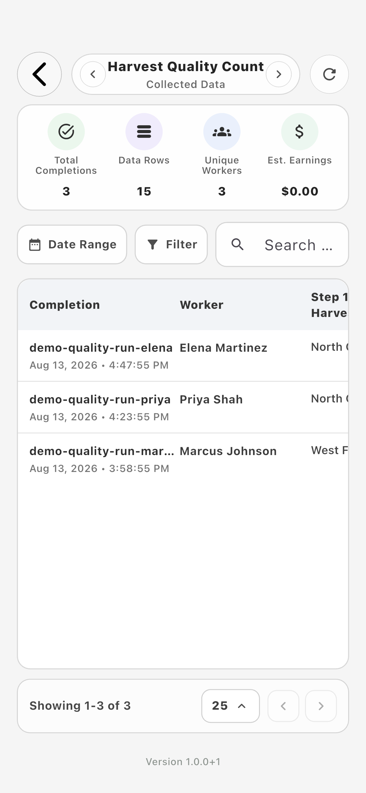Farmroute collected task data for completed Harvest Quality Count runs