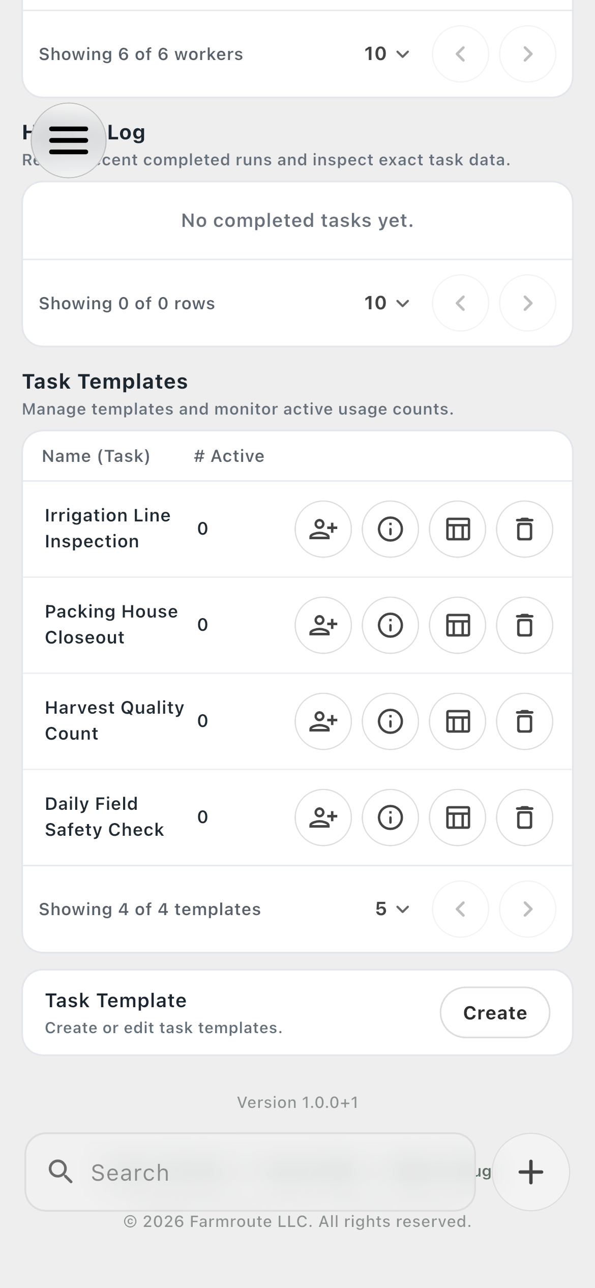 Farmroute task template management with assignment information data edit and delete actions
