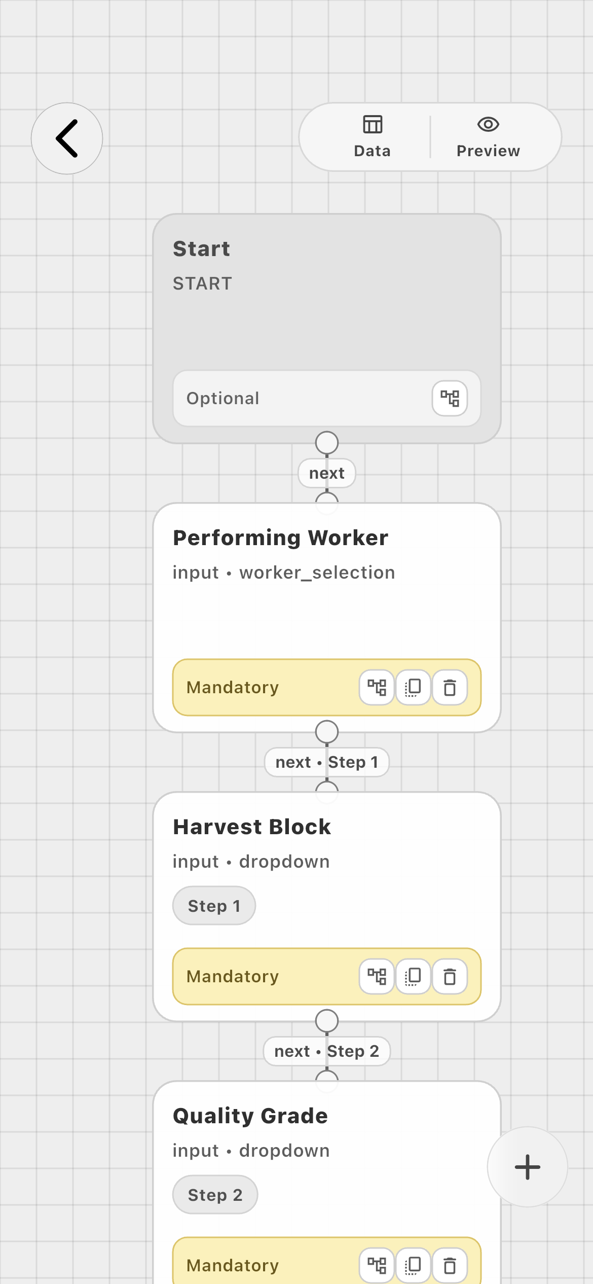 Farmroute visual workflow builder for a harvest quality farm task