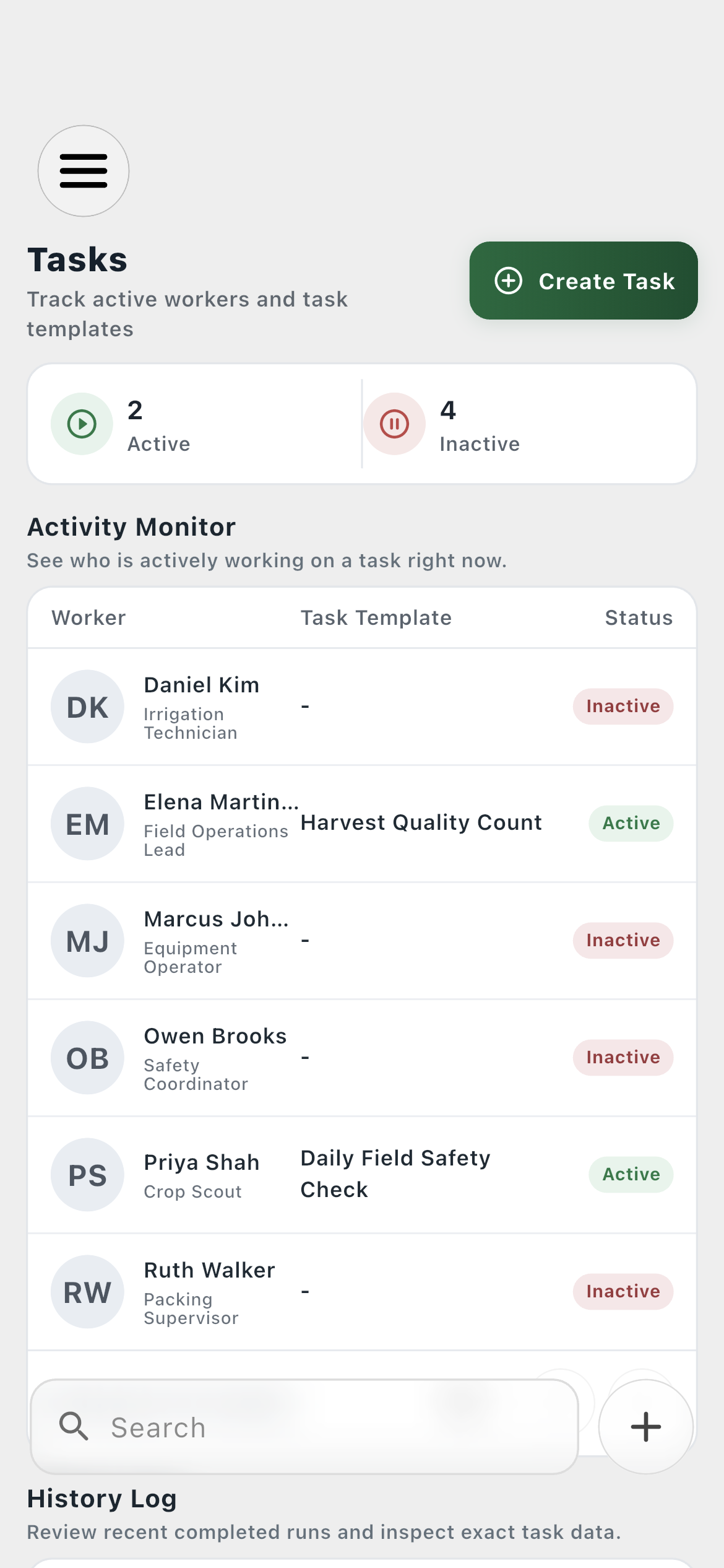 Farmroute farm task management dashboard with live worker activity