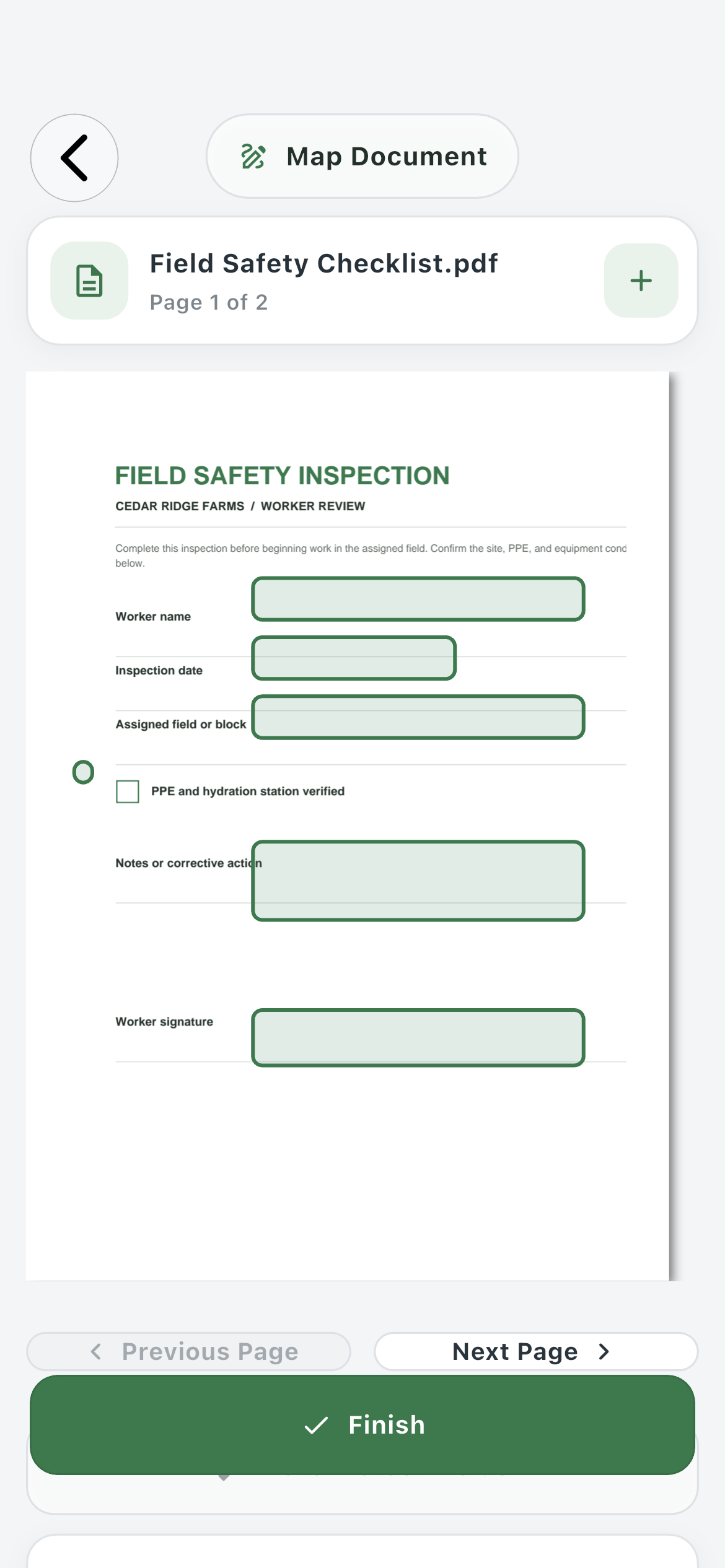 Farmroute mapping text date checkbox notes and signature fields onto a two-page Field Safety Inspection PDF