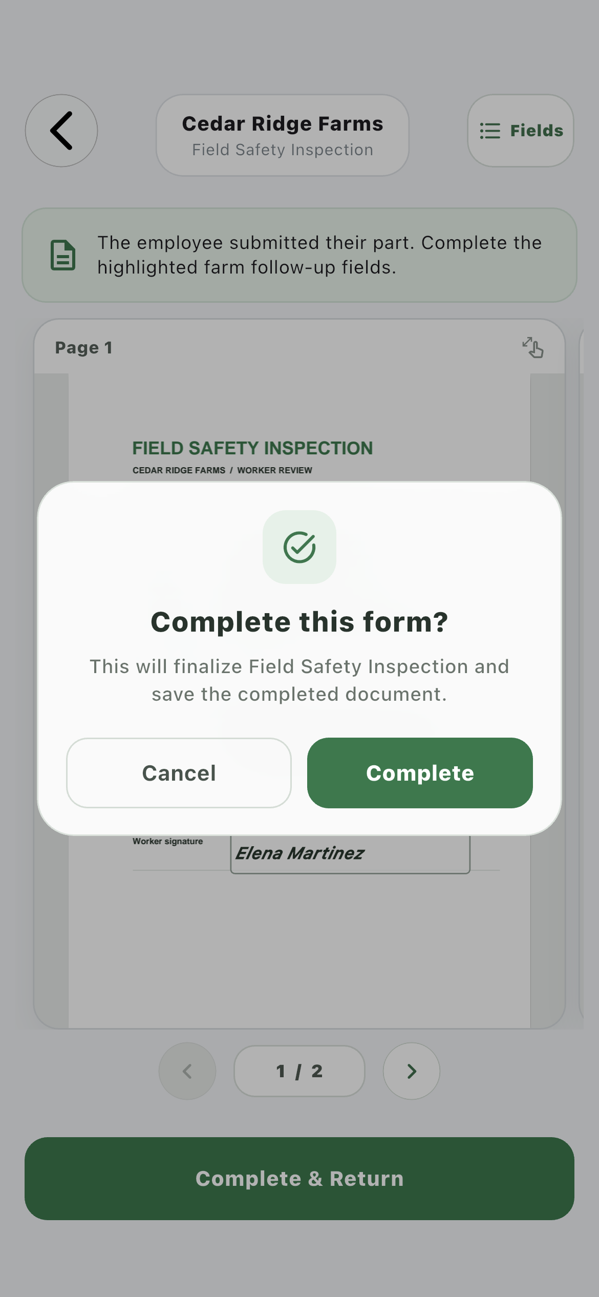 Farmroute confirmation before finalizing a recursive Field Safety Inspection