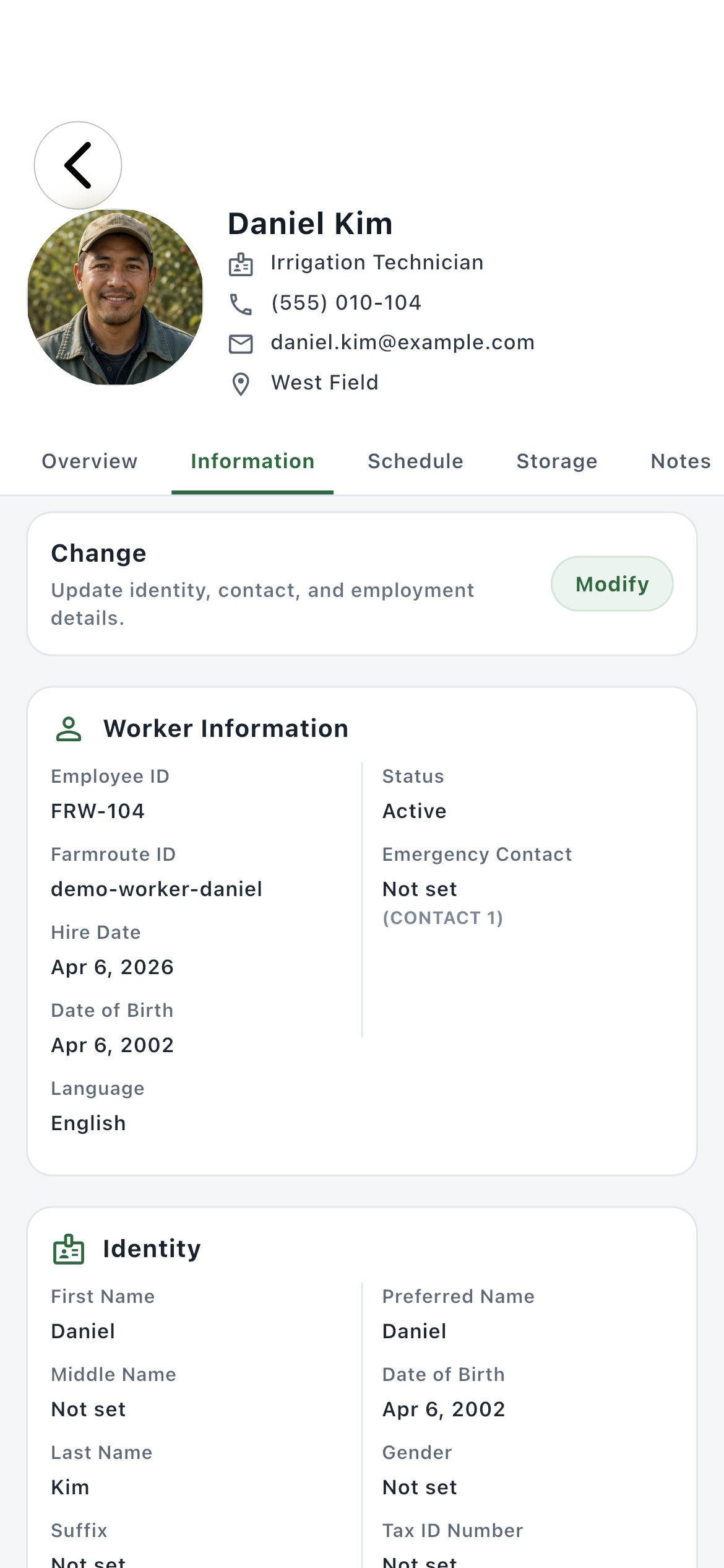 Farmroute worker profile Information page