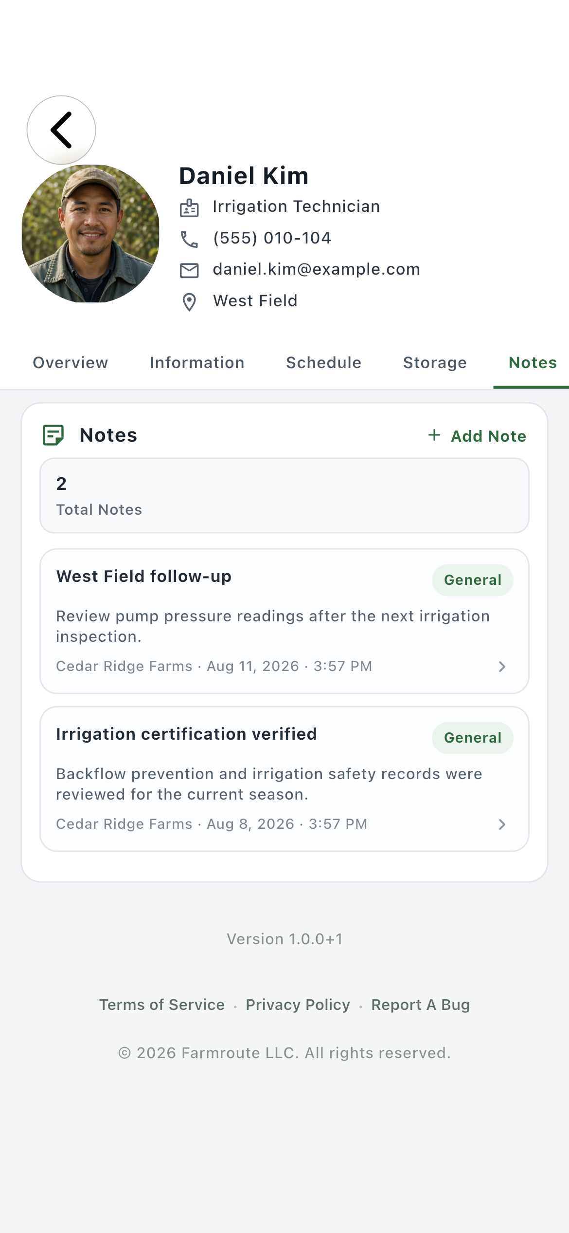 Farmroute worker profile Notes page