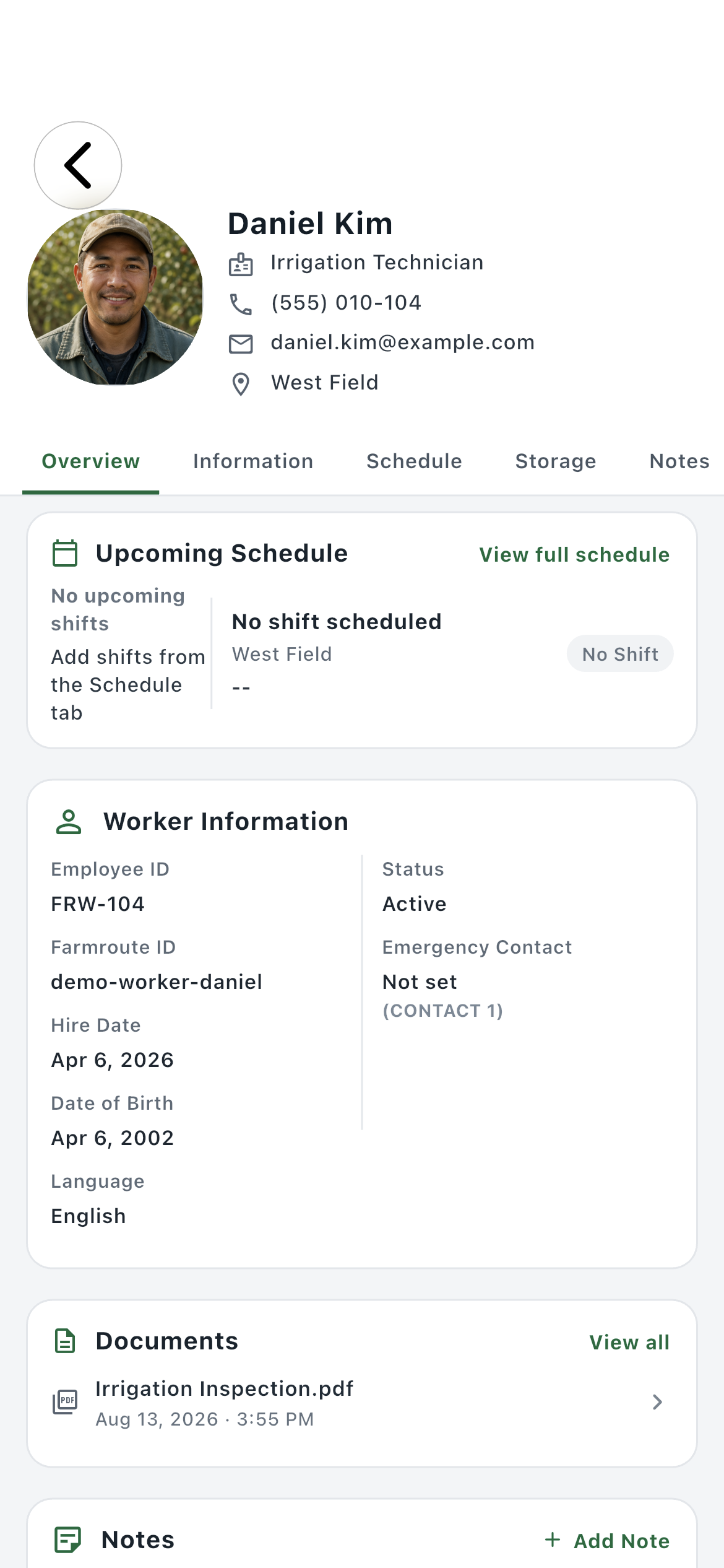 Farmroute workforce worker profile with Overview, Information, Schedule, Storage, and Notes tabs