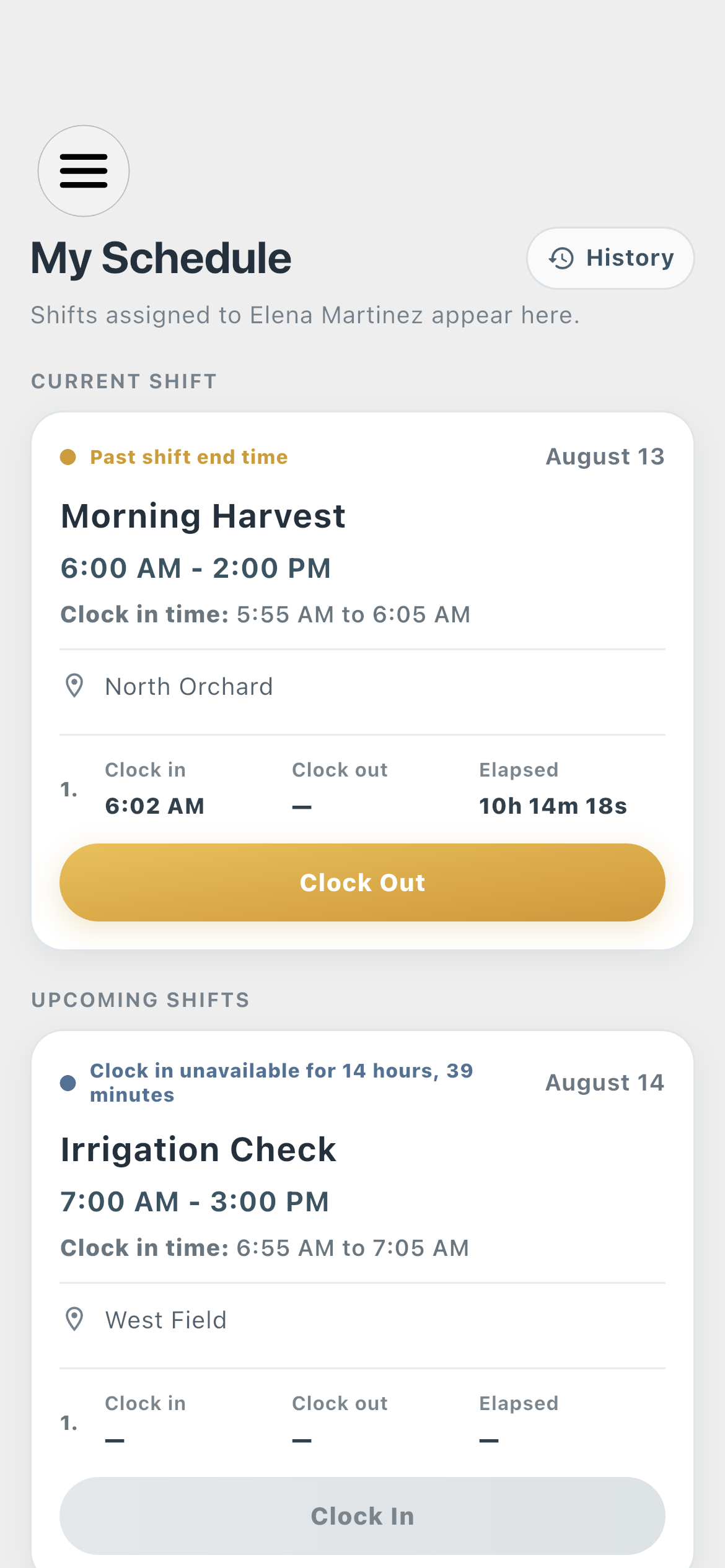Farmroute employee profile showing an active shift and clock-out controls