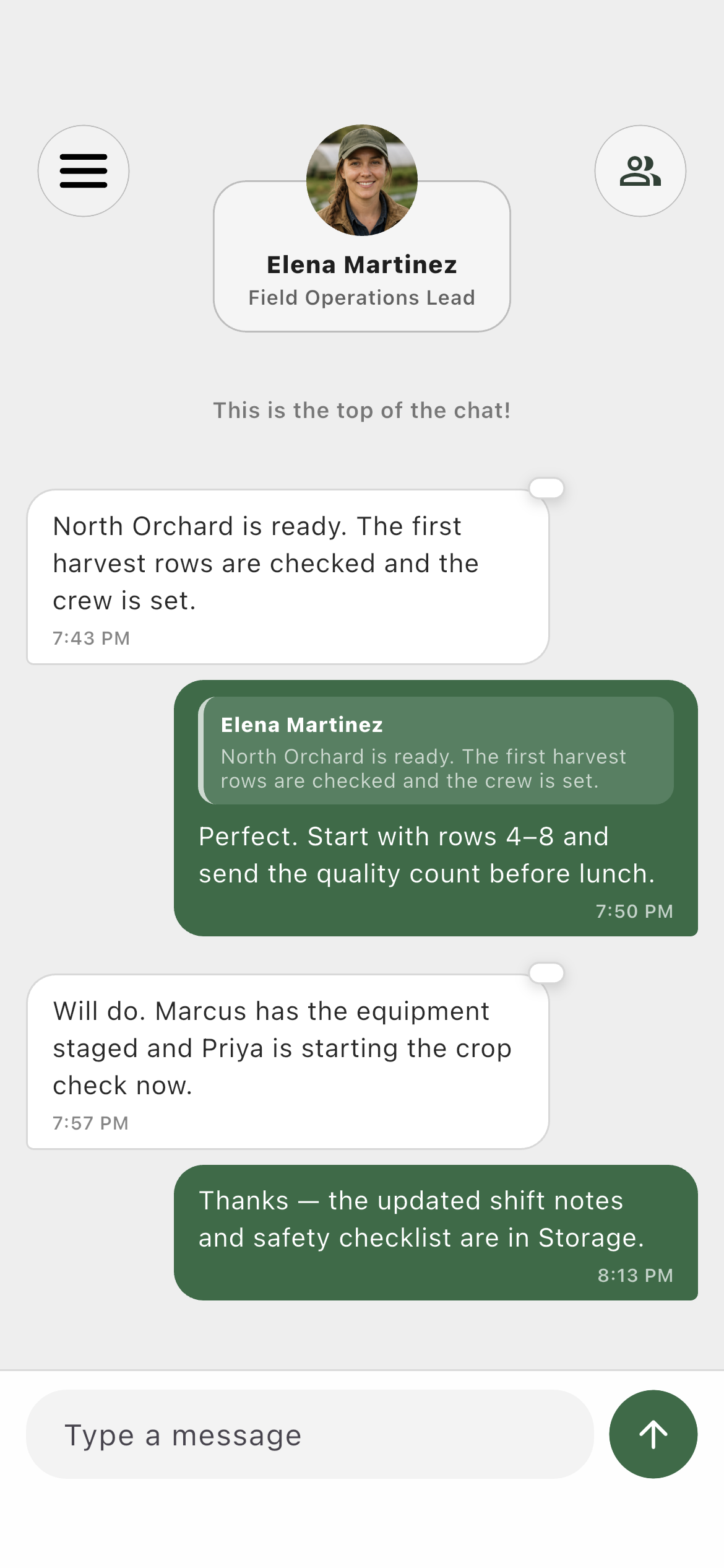 Farmroute conversation between Cedar Ridge Farms and Elena Martinez with replies and reactions